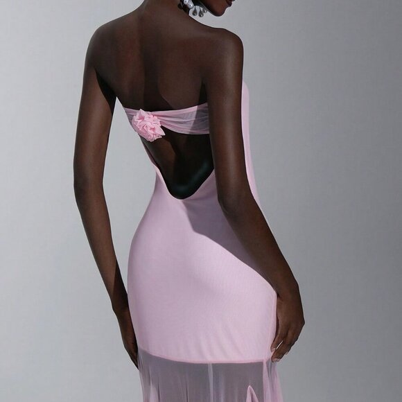 Pink Party Women's Elegant Bodycon Strapless maxi Mesh hem Dress - Picture 2 of 7